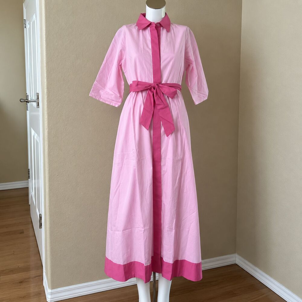 HERMOZA Francesca Pink Colorblock Cotton Belted Shirt Dress XS Maxi